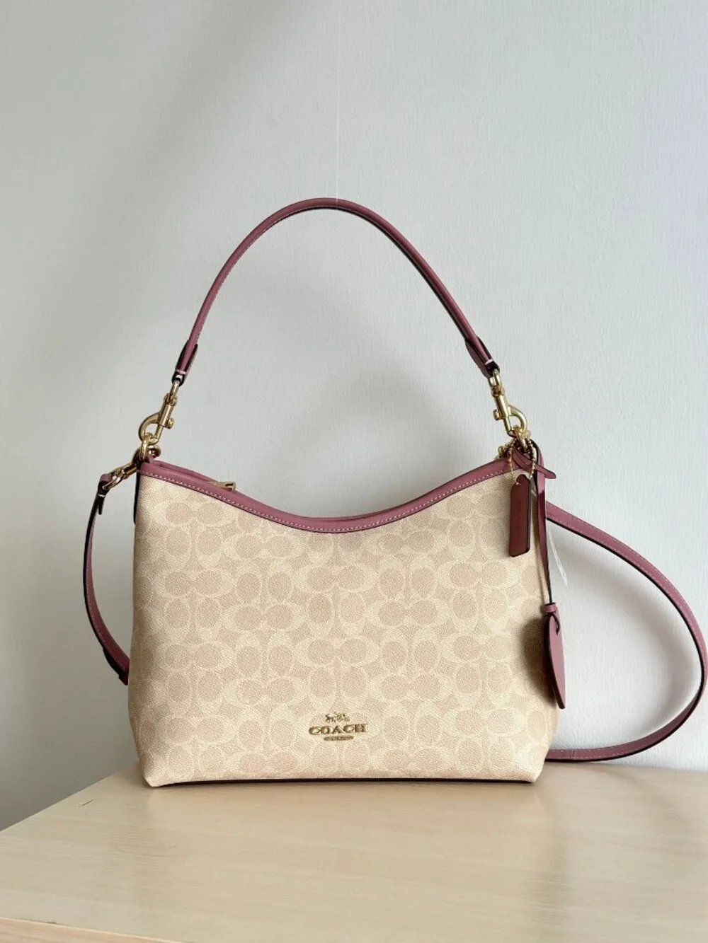 COACH Laurel Canvas Cream Pink Leather Shoulder Bag
